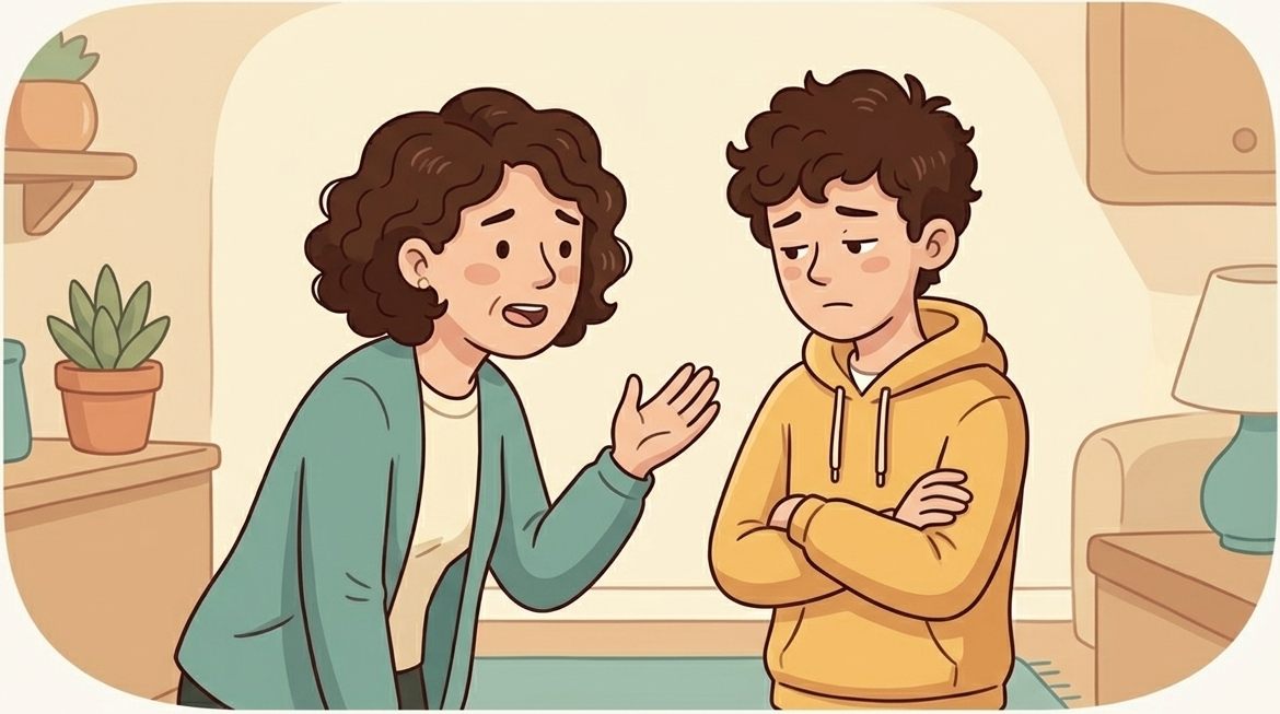 A parent giving well-meaning advice while the teen looks closed off