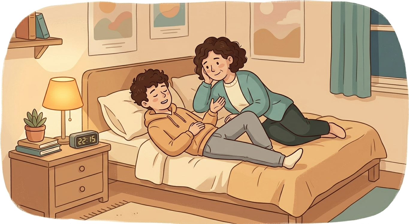 A mother sitting with her teen son on his bed at night, warm lamp light