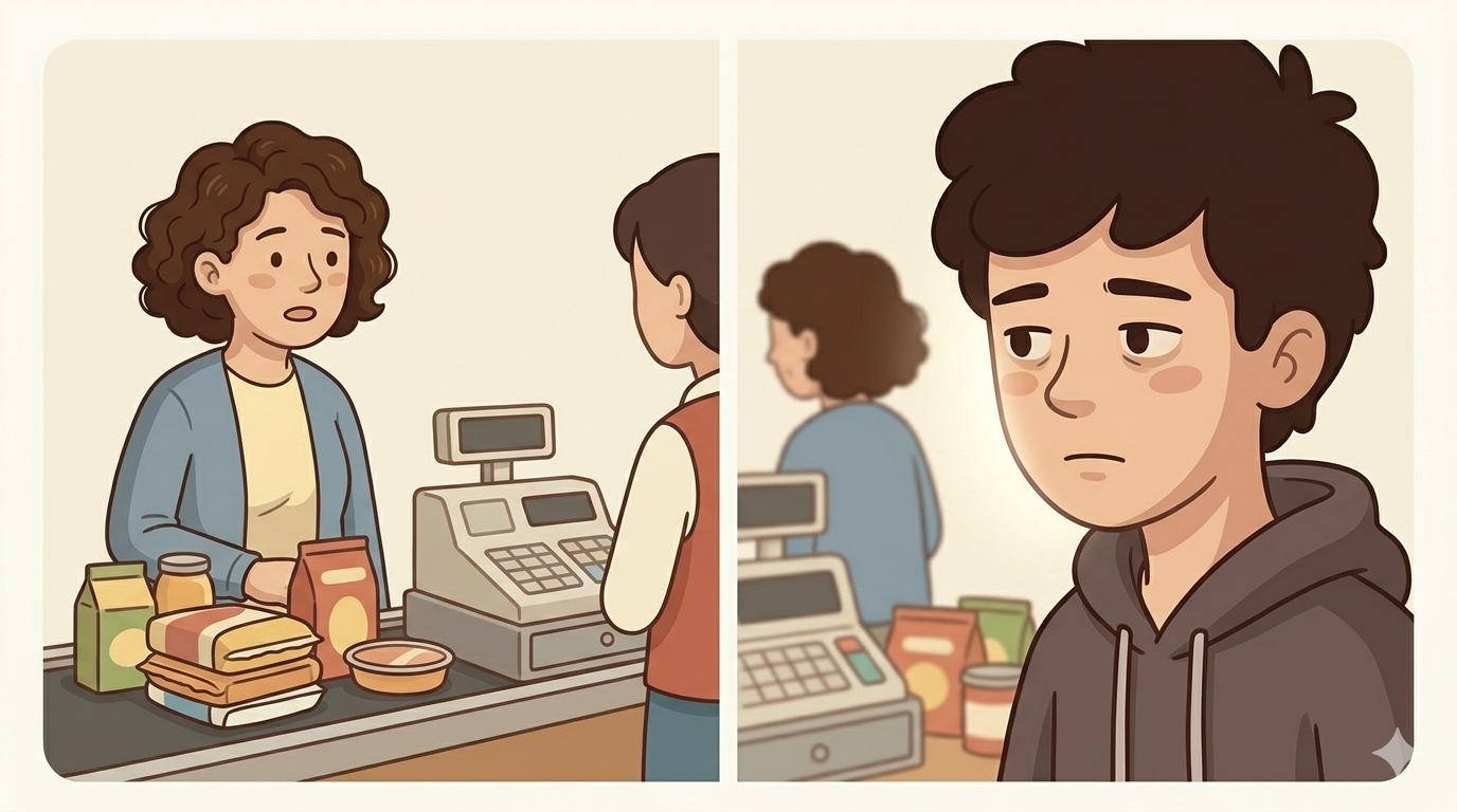 Parent at checkout, teenager quietly absorbing what they hear