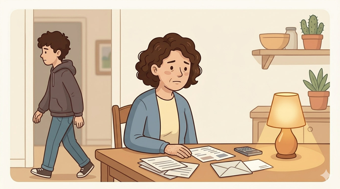Parent at kitchen table with bills, teenager passing by