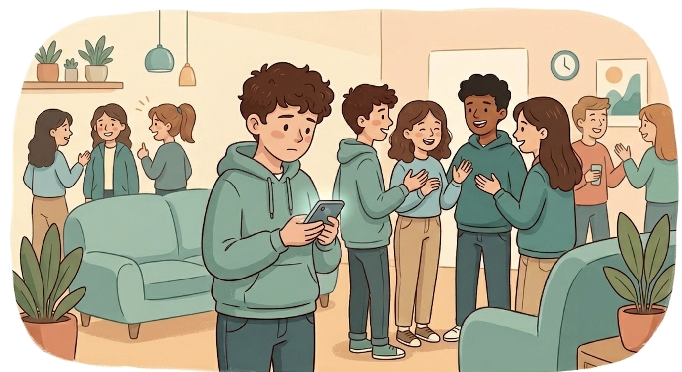A teen standing apart from a group, looking at their phone